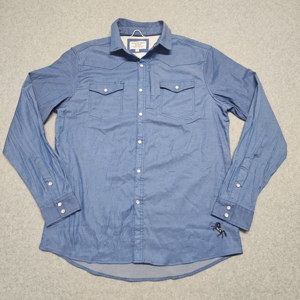 Diamond Cross Ranch Shirt Mens Large Blue Western Snap Front Stretch